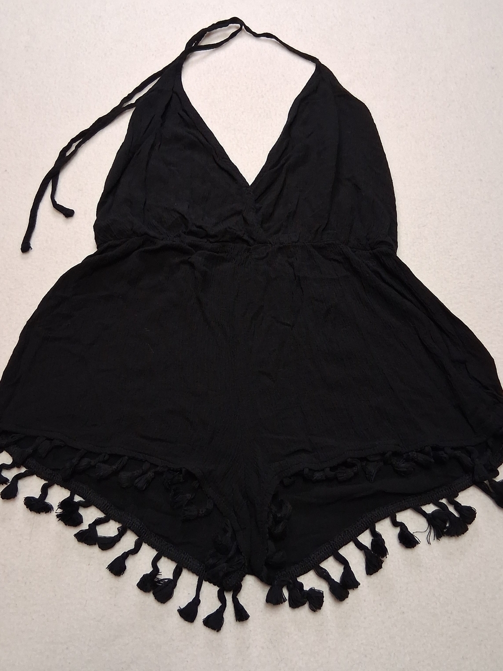 Lulu's Black Halter Romper with Tassel Trim